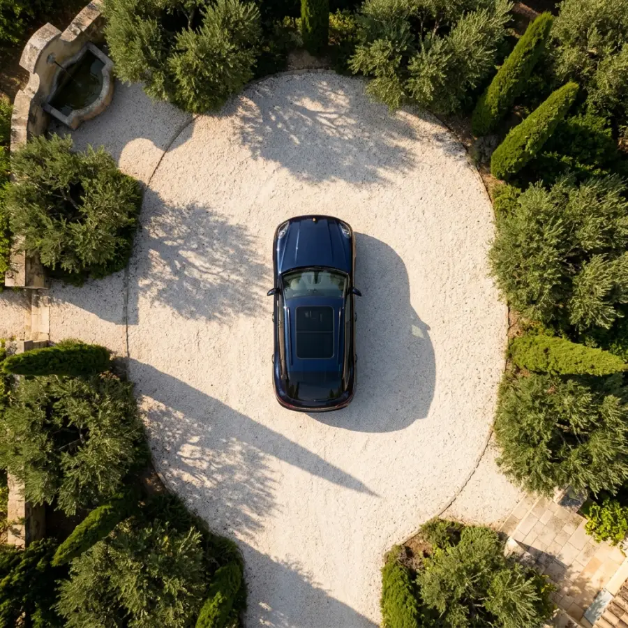 Livraison Prenium, véhicule premium garé sur propriété privée Côte d'Azur